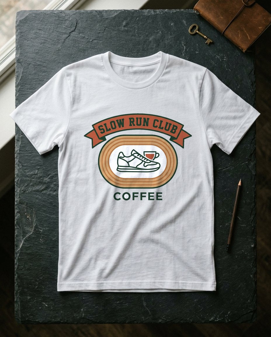 Retro Slow Run Coffee Crest — lifestyle photo