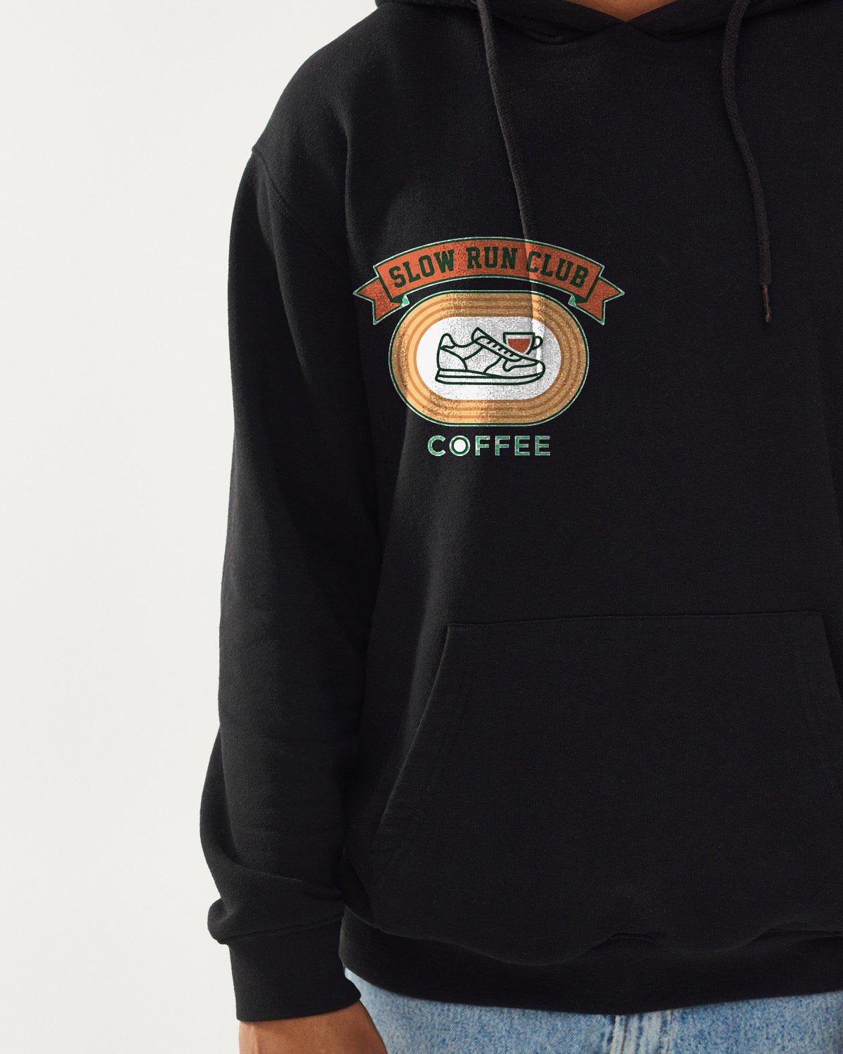 Retro Slow Run Coffee Crest Hoodie — lifestyle photo