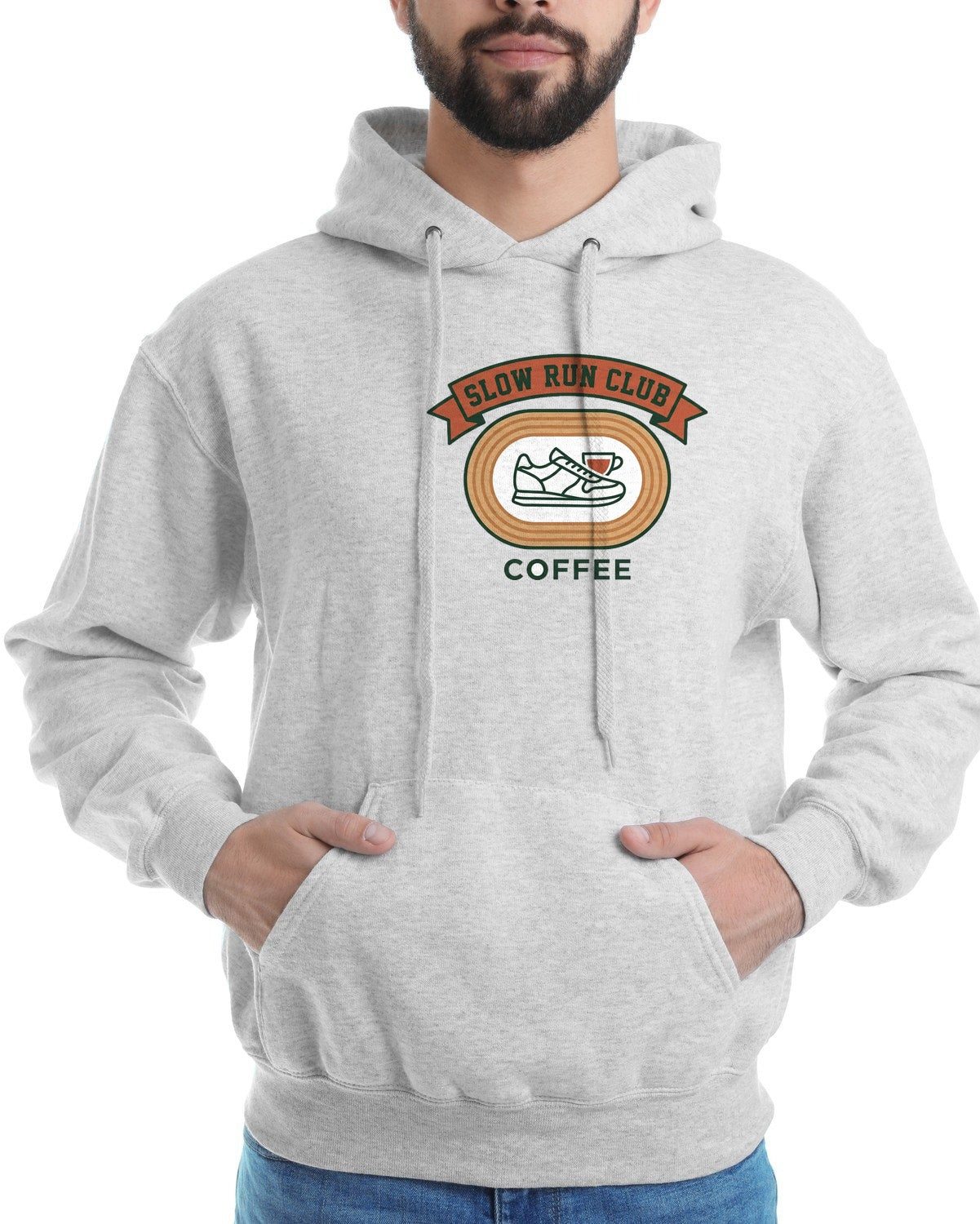 Retro Slow Run Coffee Crest Hoodie — lifestyle photo