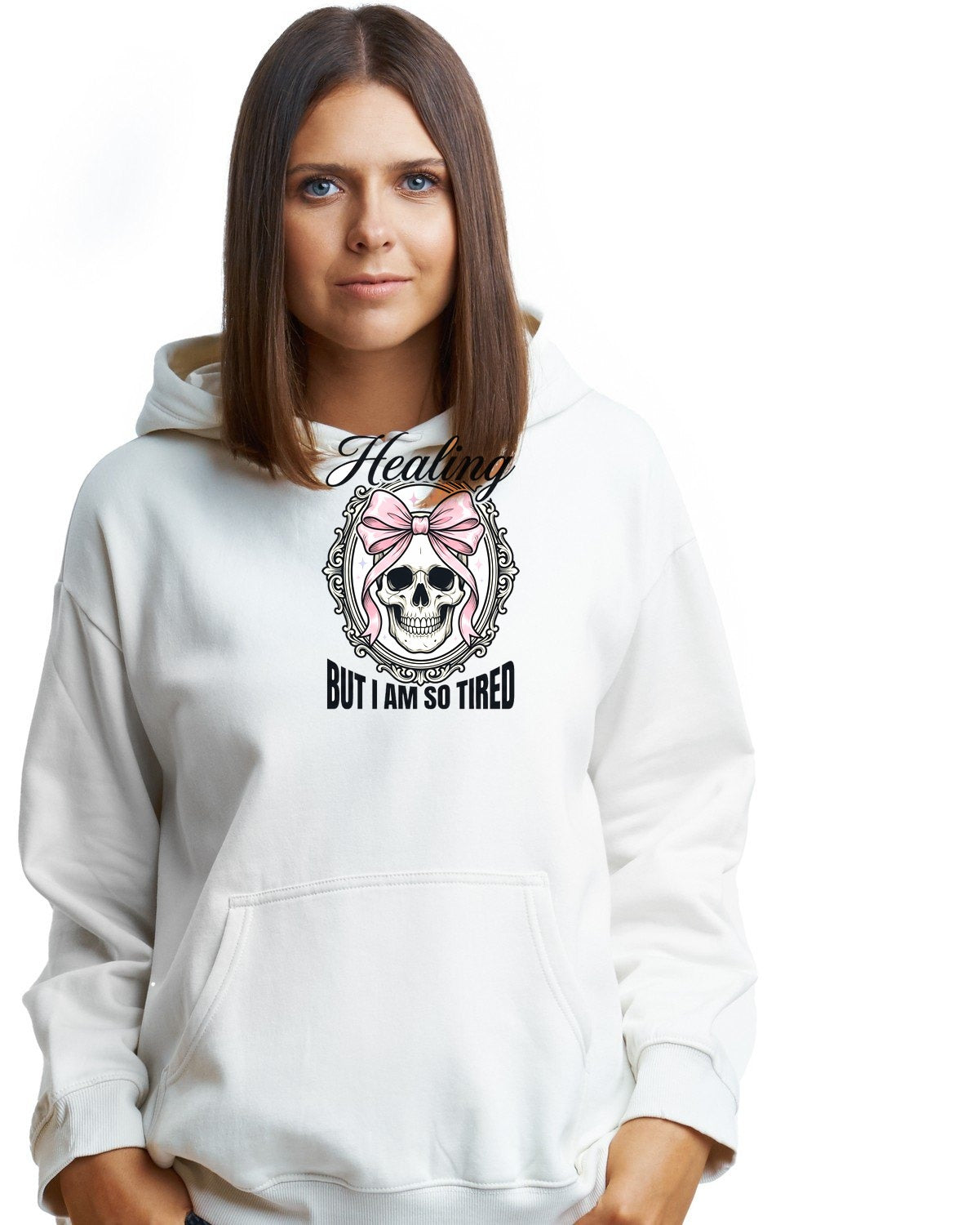Healing But Exhausted Coquette Skull Hoodie — lifestyle photo