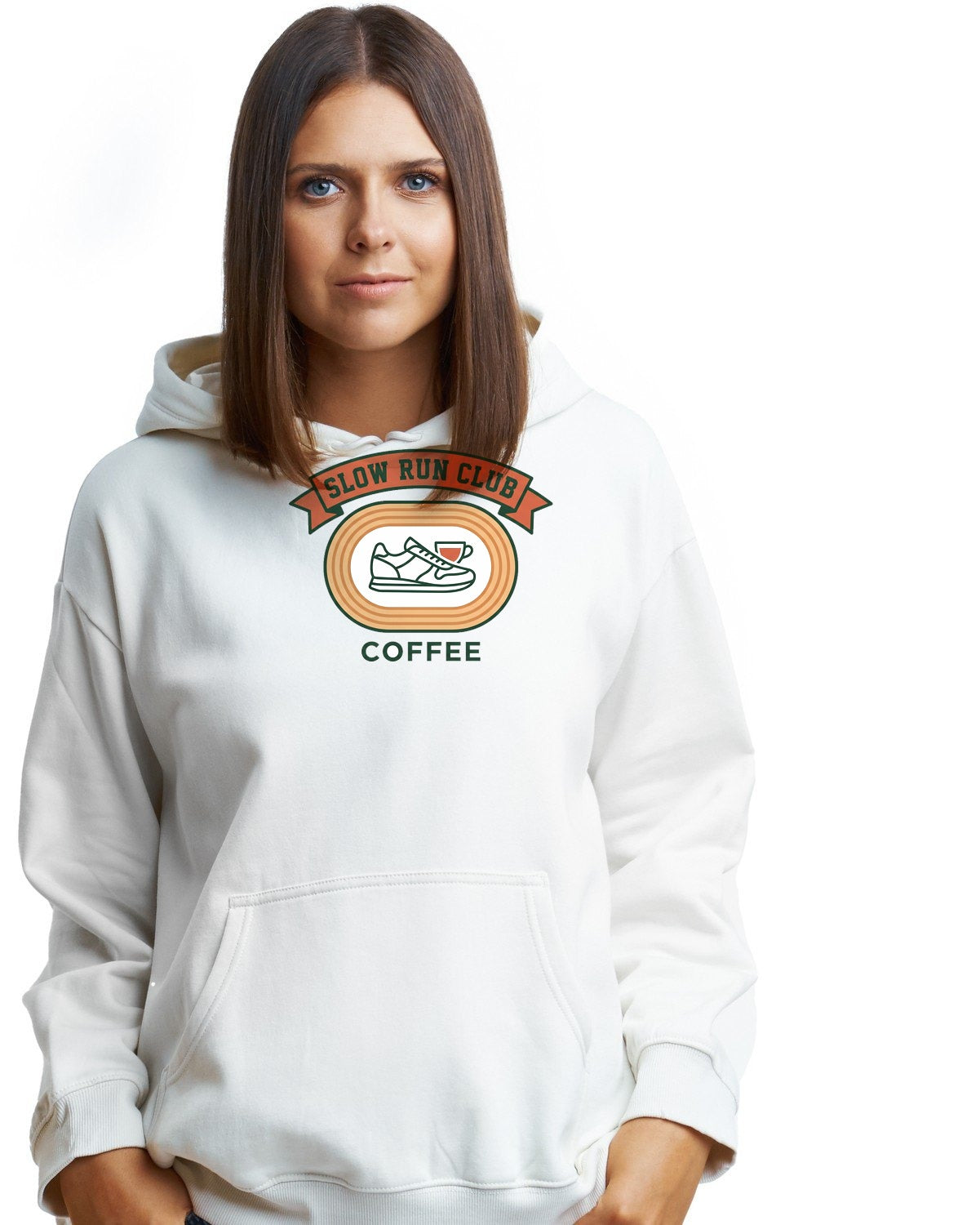Retro Slow Run Coffee Crest Hoodie — lifestyle photo