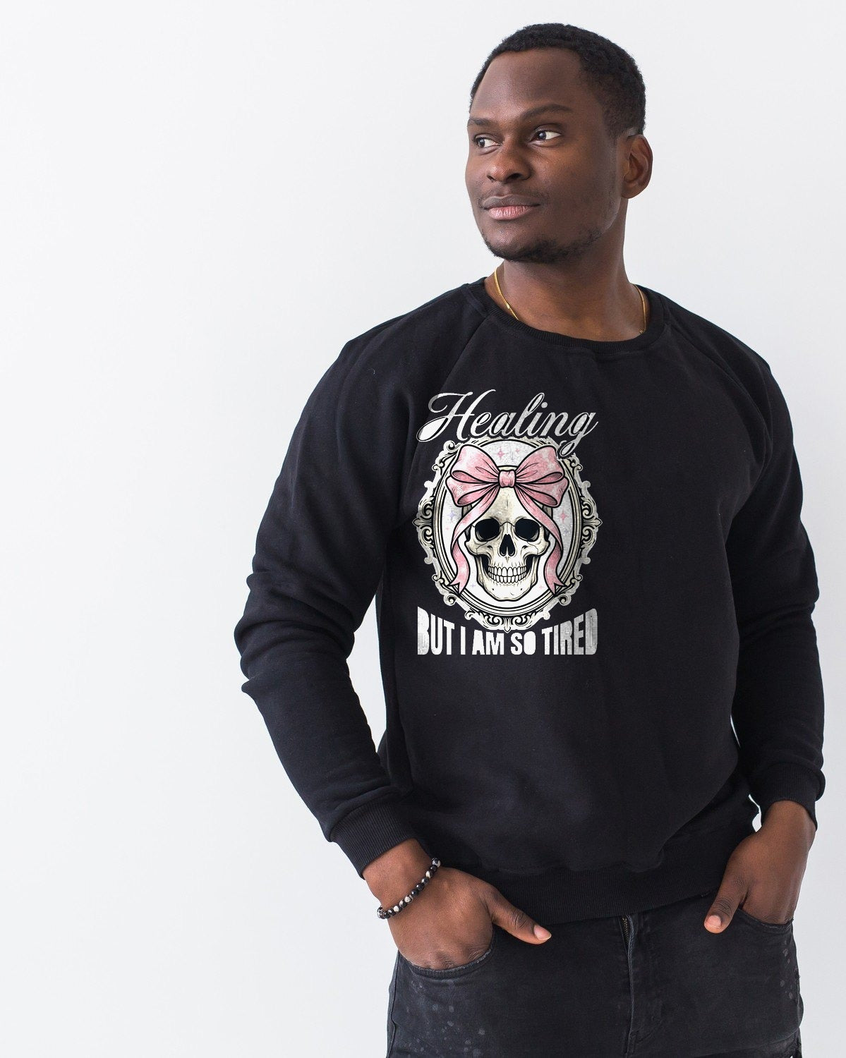 Healing But Exhausted Coquette Skull Long Sleeve — lifestyle photo
