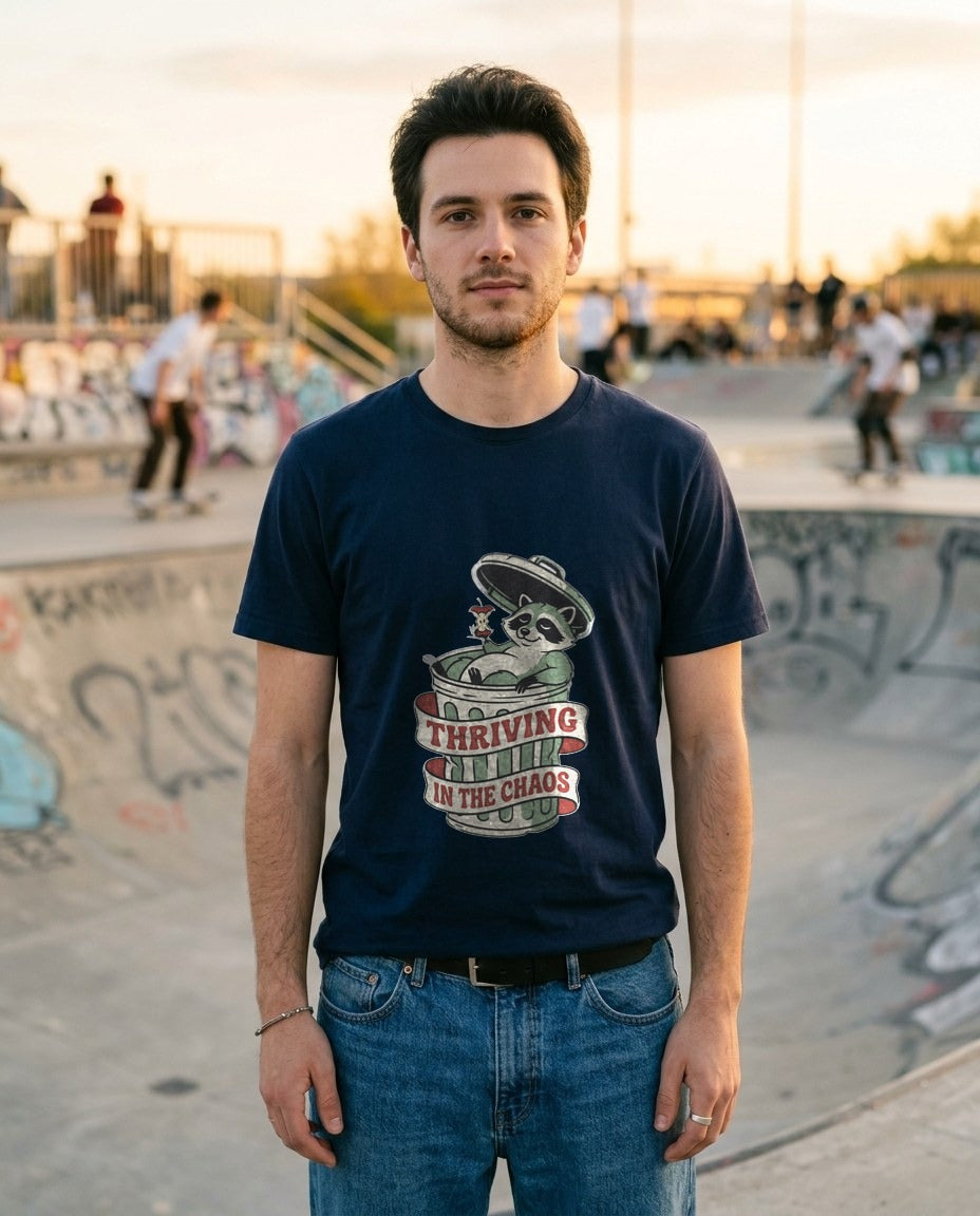 Thriving In The Chaos Raccoon Tee — lifestyle photo