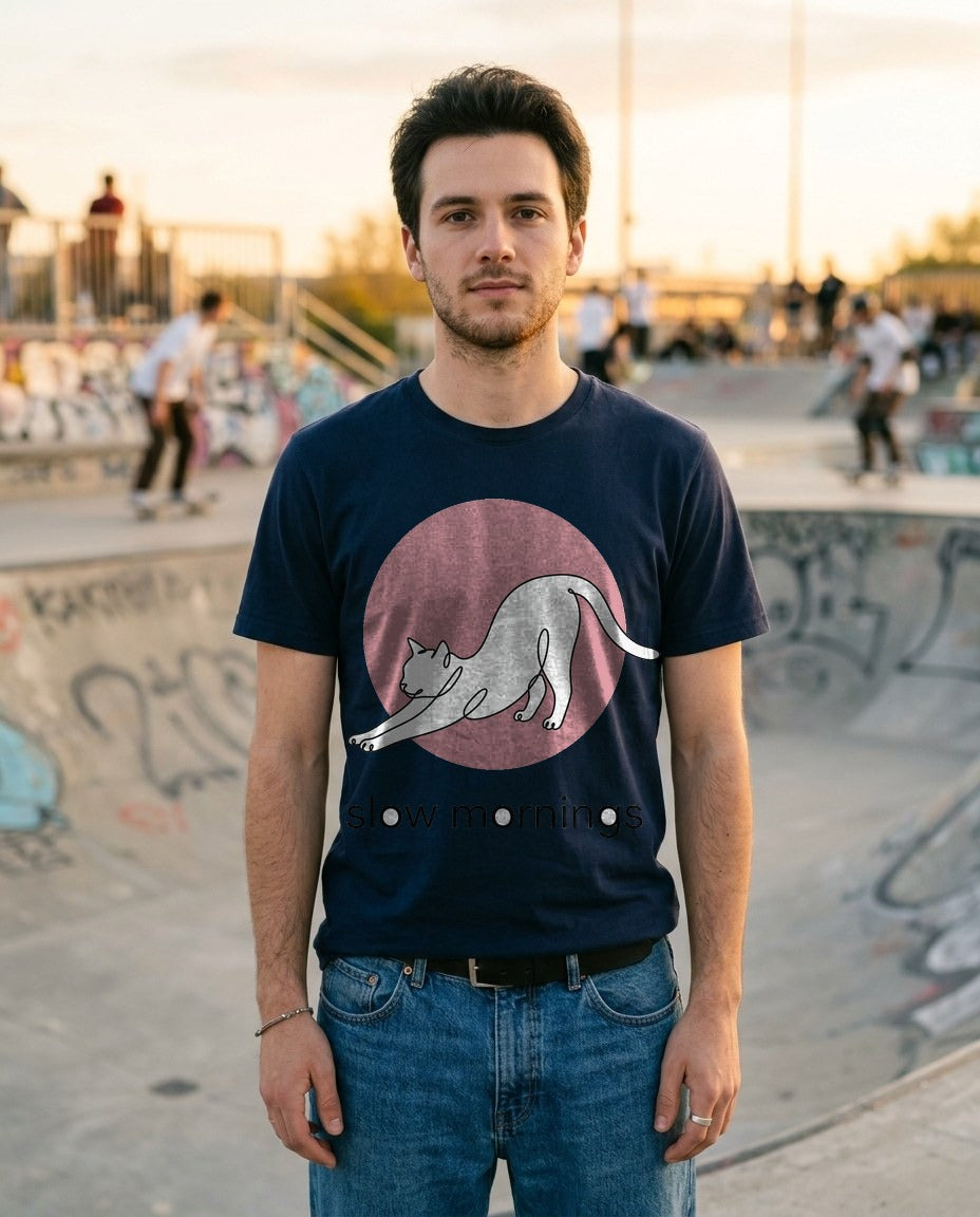 Slow Mornings Minimalist Cat T-Shirt — lifestyle photo