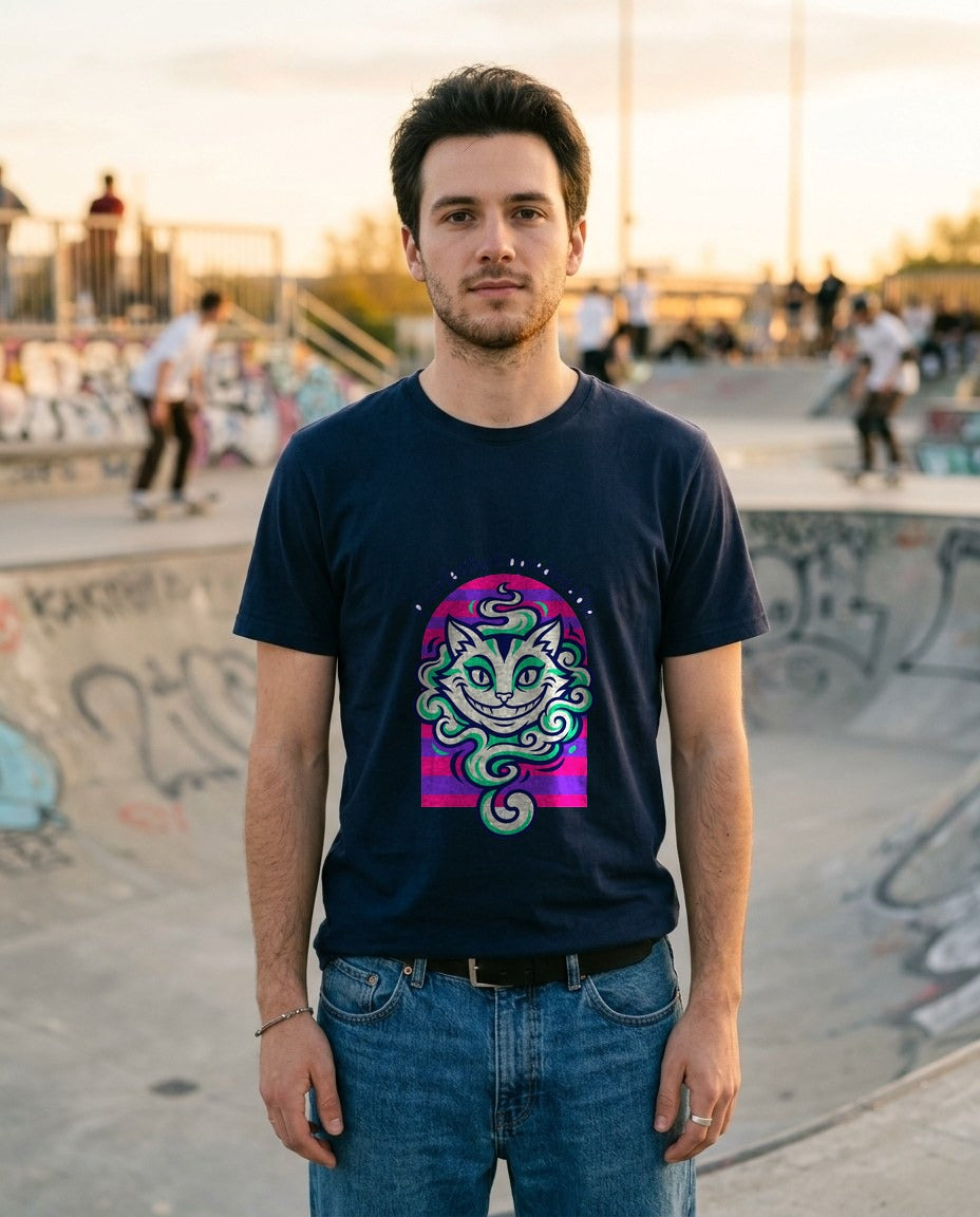 Unpredictable Trickster Striped Cat Tee — lifestyle photo
