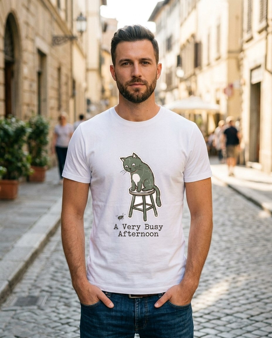 A Very Busy Afternoon Naive Cat Tee — lifestyle photo