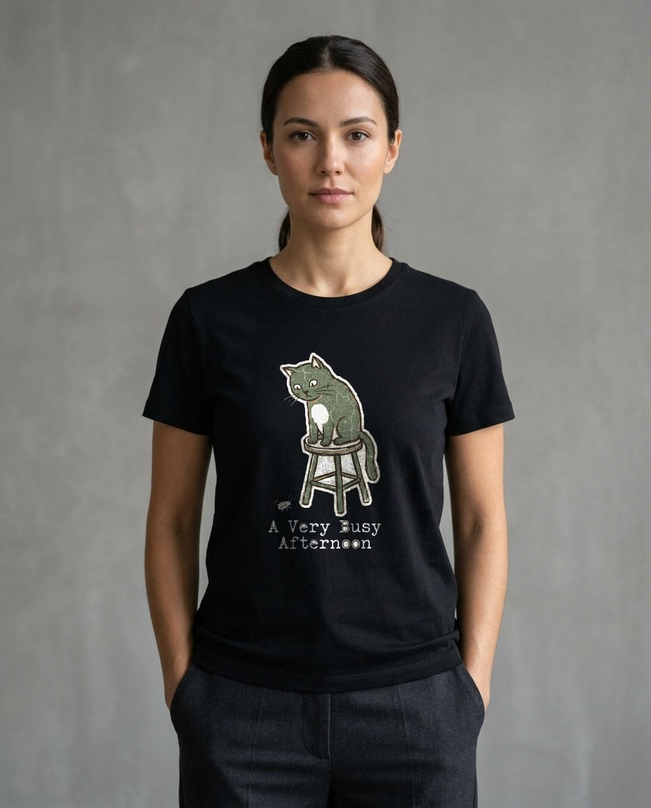 A Very Busy Afternoon Naive Cat Tee — lifestyle photo