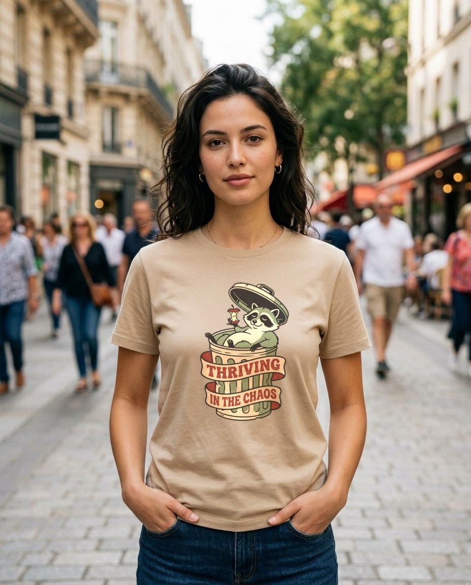 Thriving In The Chaos Raccoon Tee — lifestyle photo