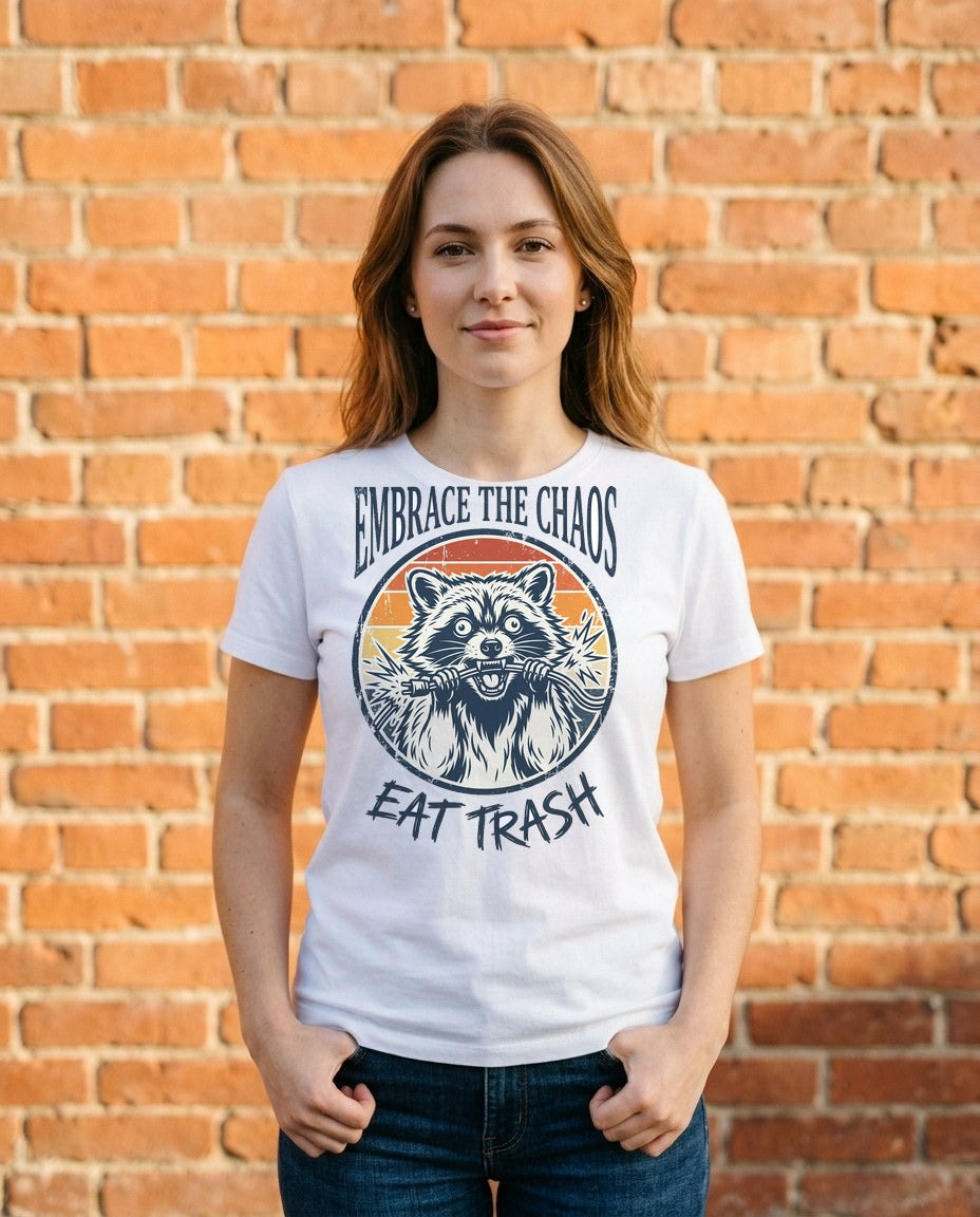 Live Fast Eat Trash Retro Raccoon Tee — lifestyle photo