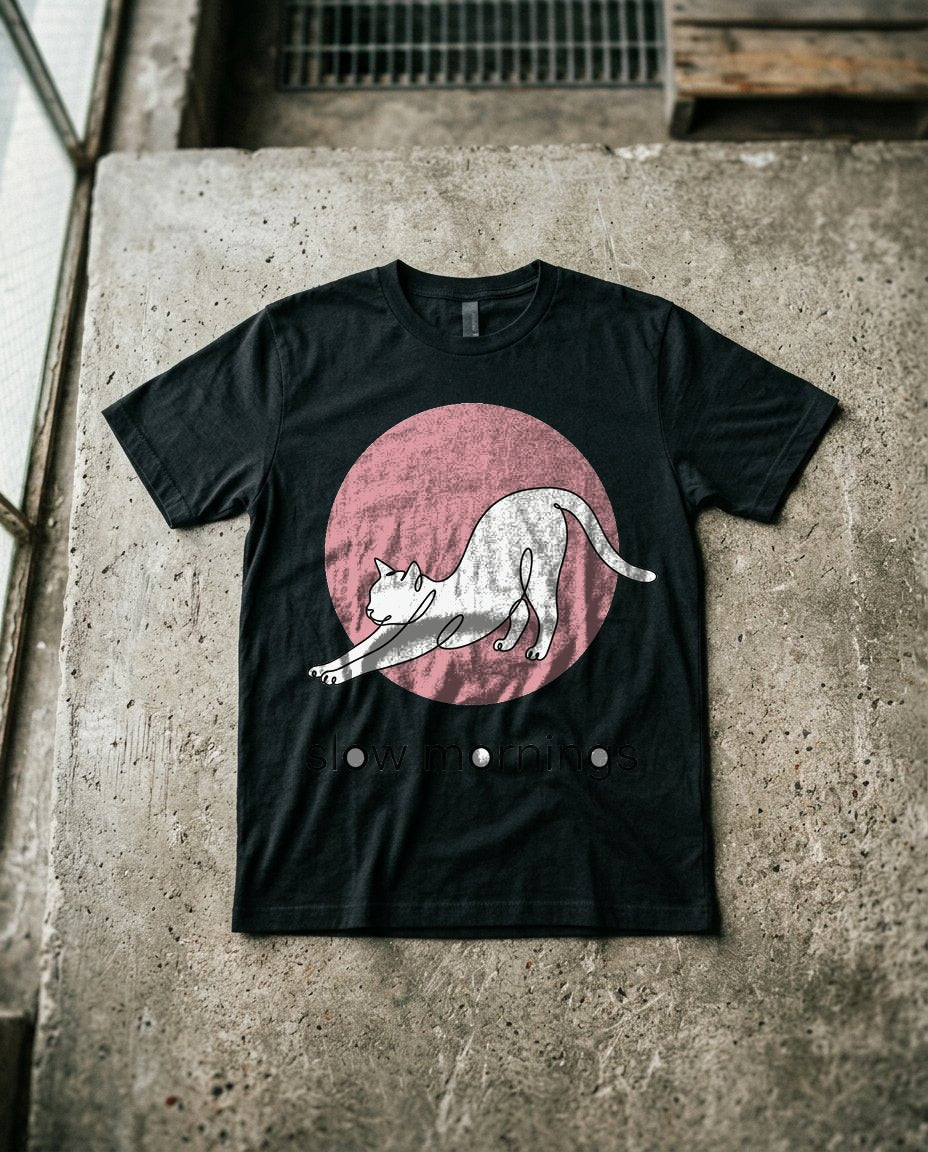 Slow Mornings Minimalist Cat T-Shirt — lifestyle photo
