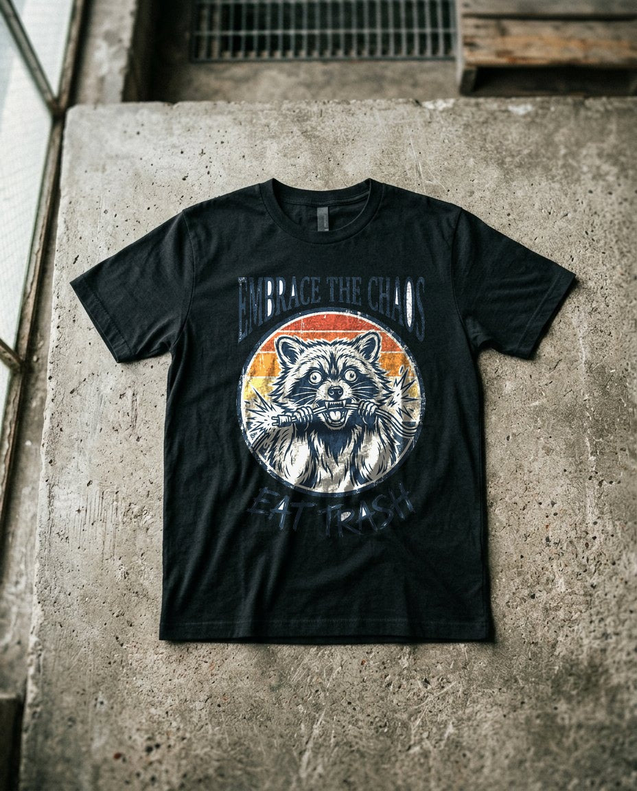 Live Fast Eat Trash Retro Raccoon Tee — lifestyle photo