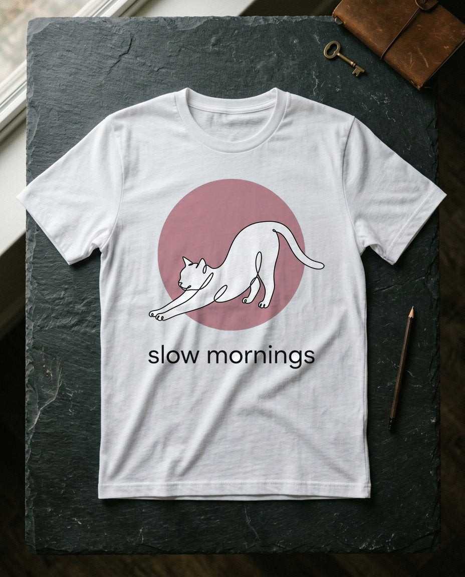 Slow Mornings Minimalist Cat T-Shirt — lifestyle photo