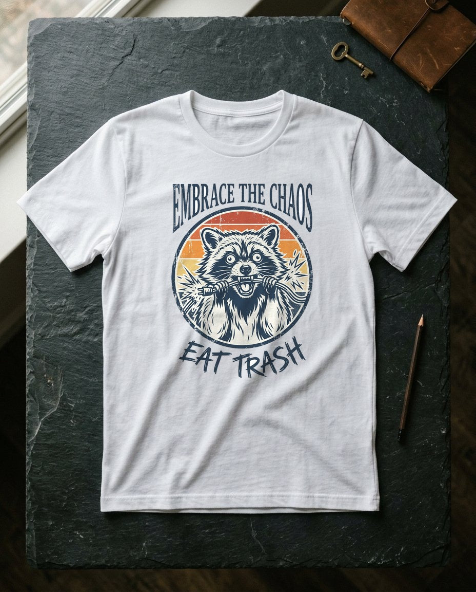 Live Fast Eat Trash Retro Raccoon Tee — lifestyle photo