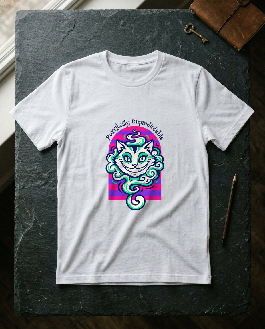 Unpredictable Trickster Striped Cat Tee — lifestyle photo