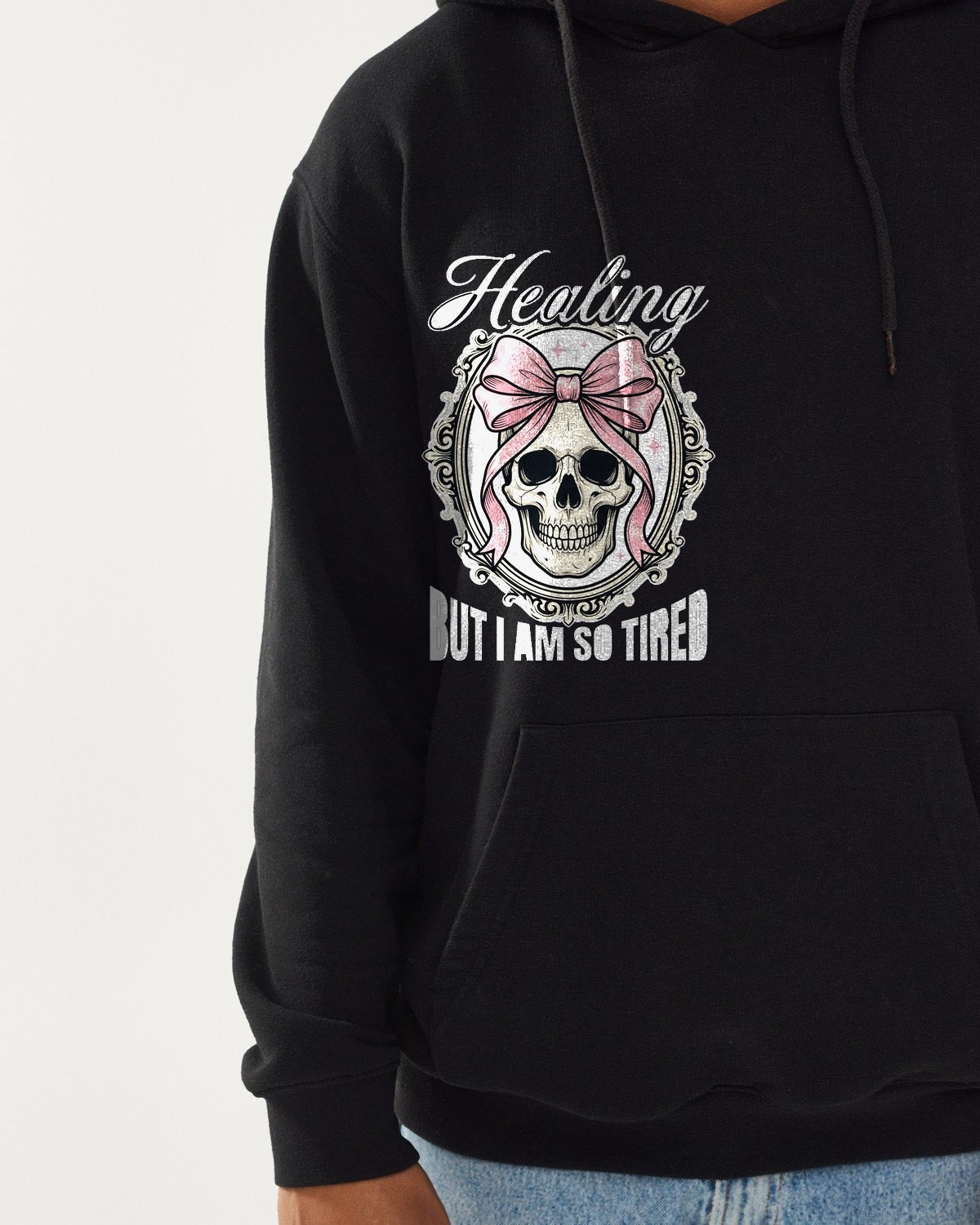 Healing But Exhausted Coquette Skull Hoodie — lifestyle photo