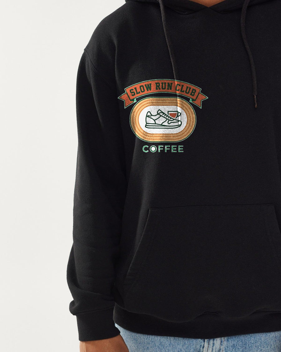 Retro Slow Run Coffee Crest Hoodie — lifestyle photo