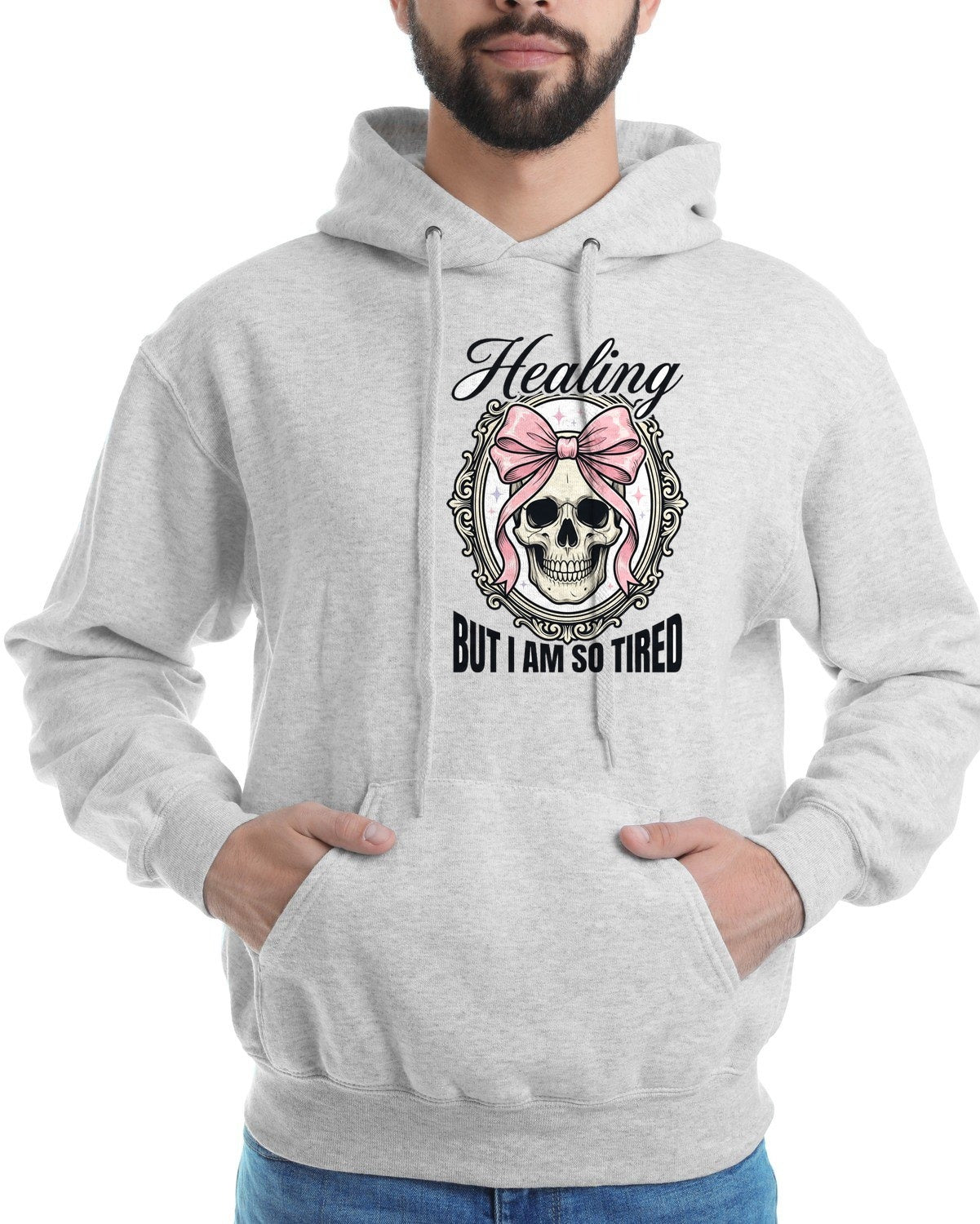 Healing But Exhausted Coquette Skull Hoodie — lifestyle photo