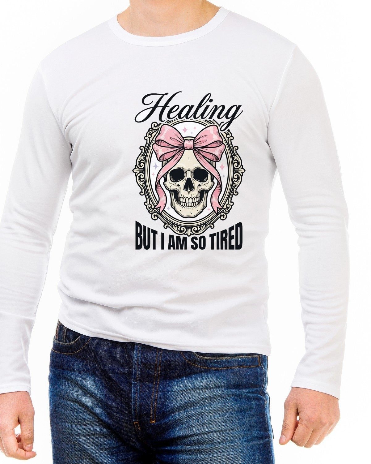 Healing But Exhausted Coquette Skull Long Sleeve — lifestyle photo