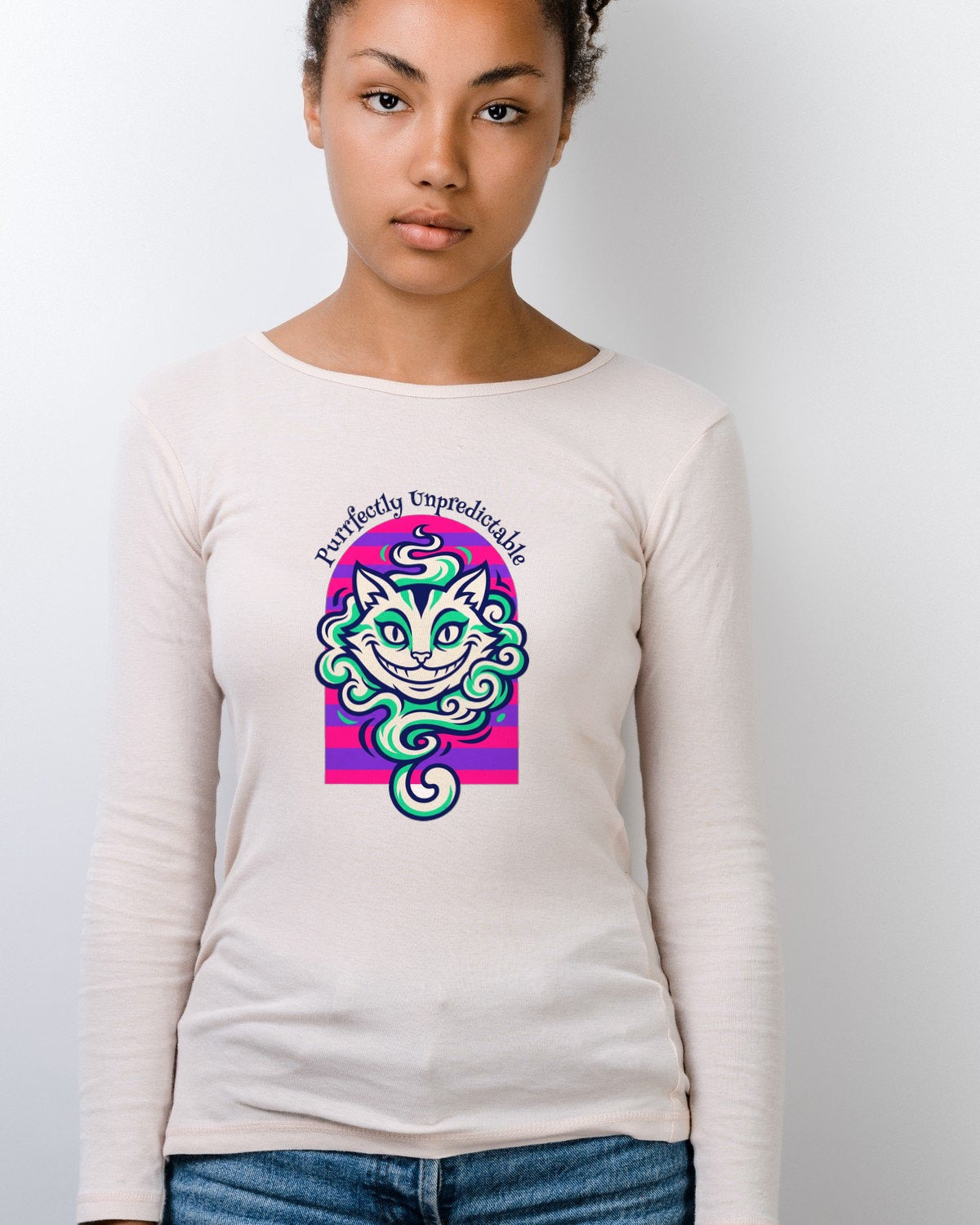 Unpredictable Trickster Striped Cat Tee — lifestyle photo