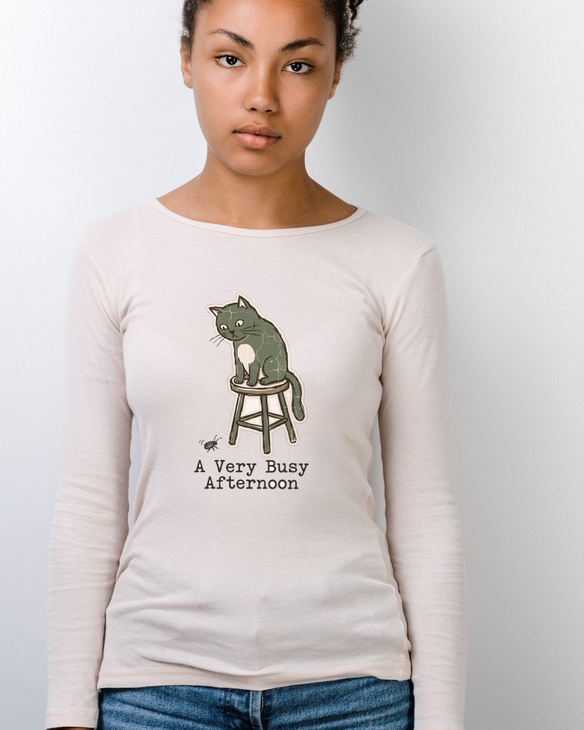 A Very Busy Afternoon Naive Cat Tee — lifestyle photo
