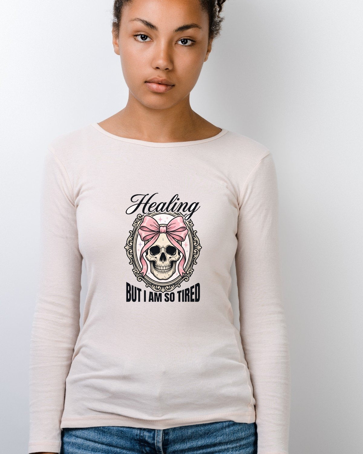 Healing But Exhausted Coquette Skull Long Sleeve — lifestyle photo