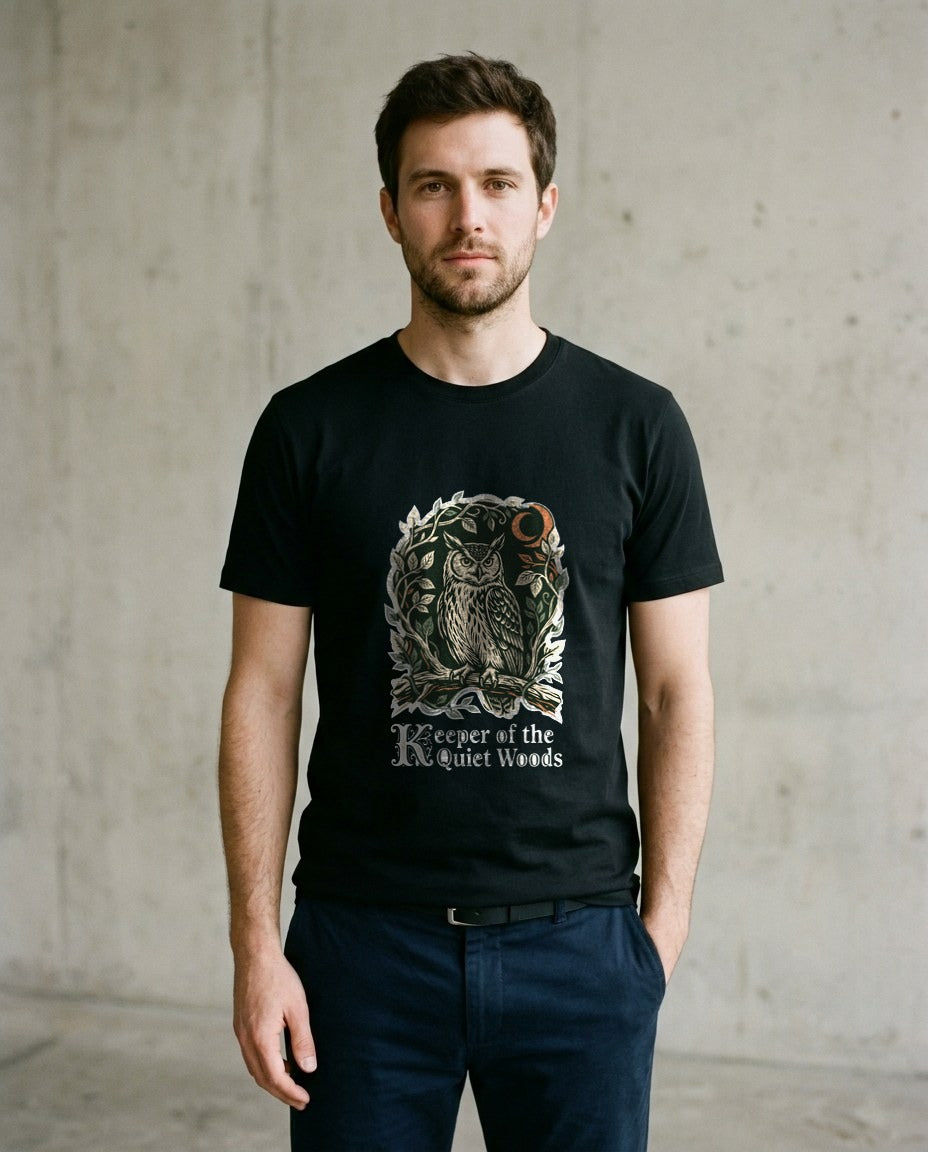 Midnight Forager Linocut Owl — lifestyle photo