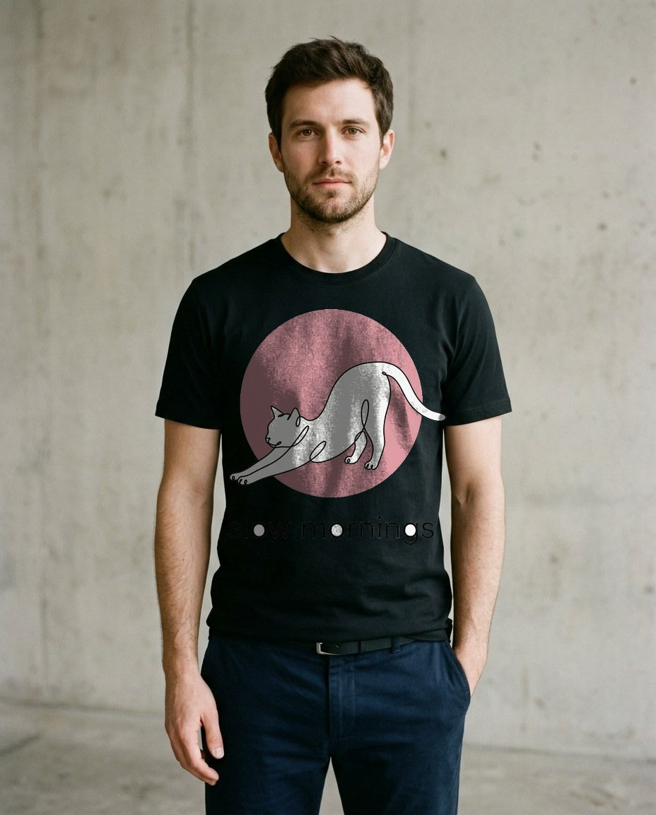 Slow Mornings Minimalist Cat T-Shirt — lifestyle photo