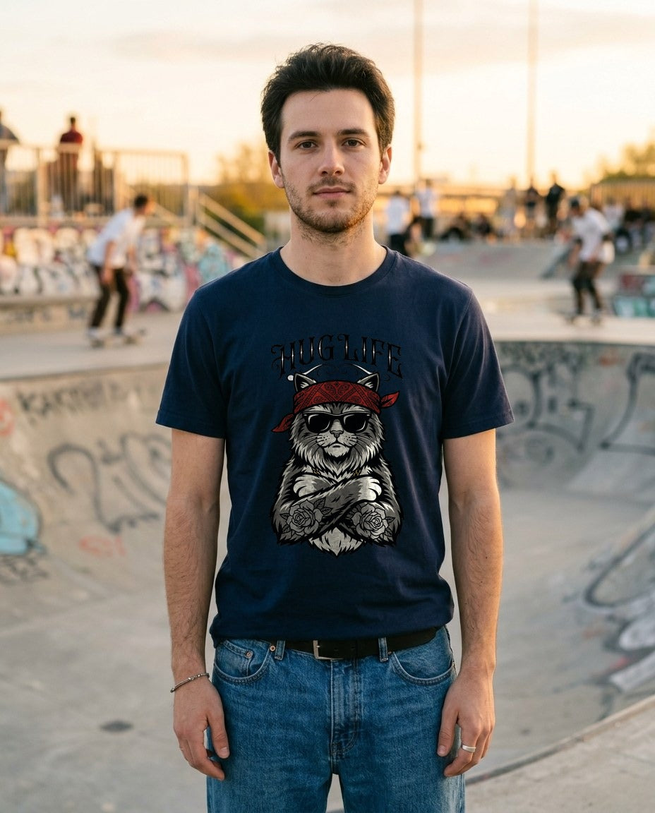 Hug Life Hardcore Cat T-Shirt — lifestyle photo