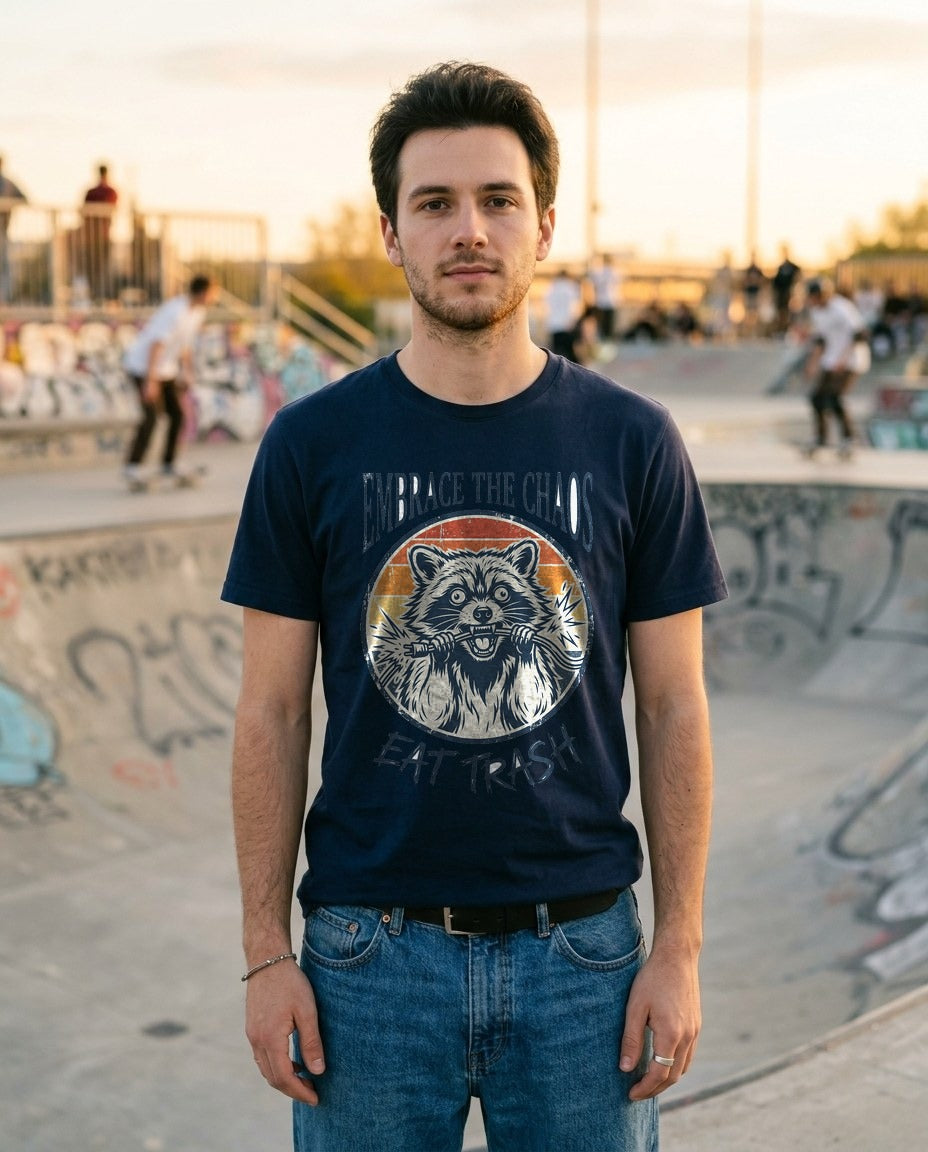 Live Fast Eat Trash Retro Raccoon Tee — lifestyle photo