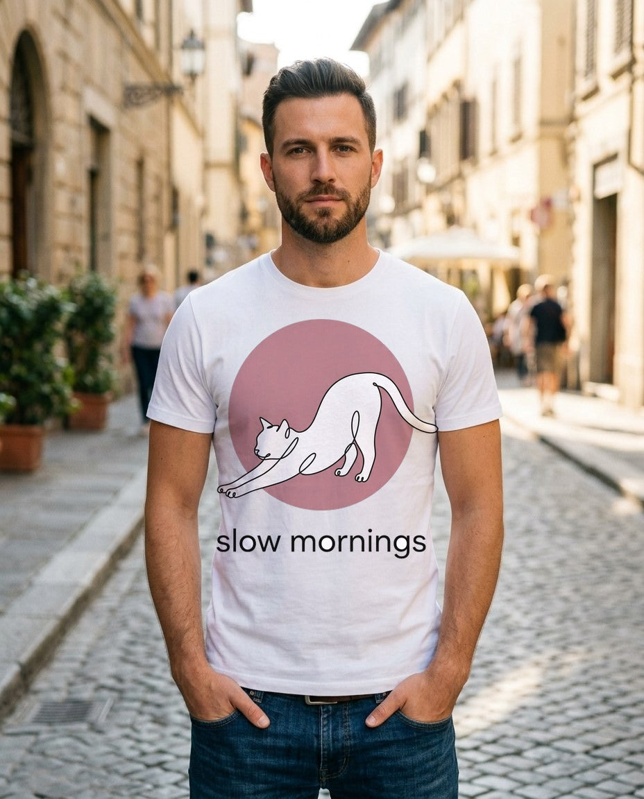 Slow Mornings Minimalist Cat T-Shirt — lifestyle photo