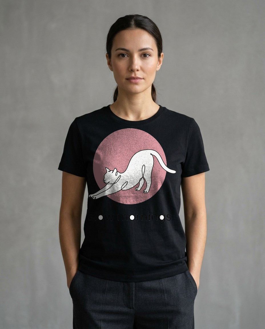 Slow Mornings Minimalist Cat T-Shirt — lifestyle photo