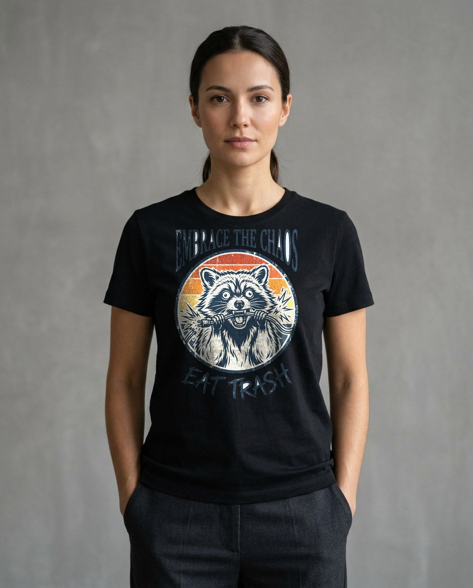 Live Fast Eat Trash Retro Raccoon Tee — lifestyle photo