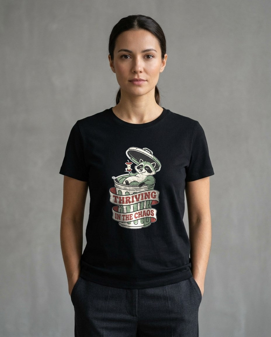 Thriving In The Chaos Raccoon Tee — lifestyle photo