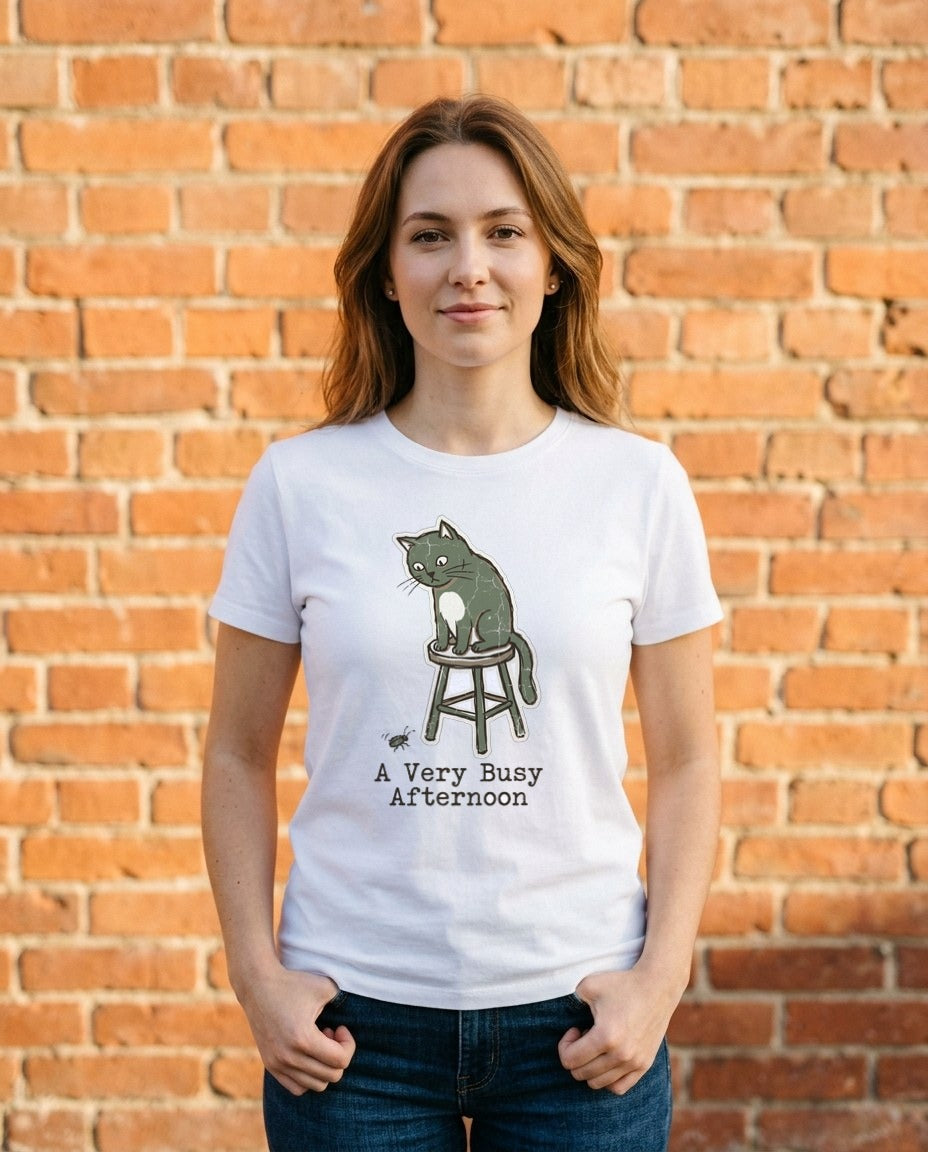 A Very Busy Afternoon Naive Cat Tee — lifestyle photo